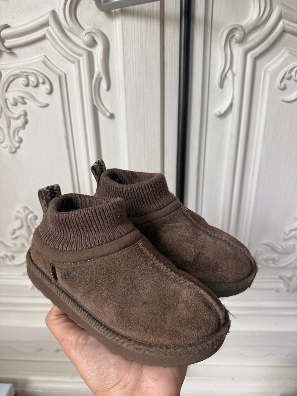 UGG Kids Chocolate Brown Suede Cozy Slip-On Booties with Knit Collar